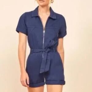 $148 Reformation Blue Short Sleeve Collared Zip Up Short Sleeve Denim Romper 0